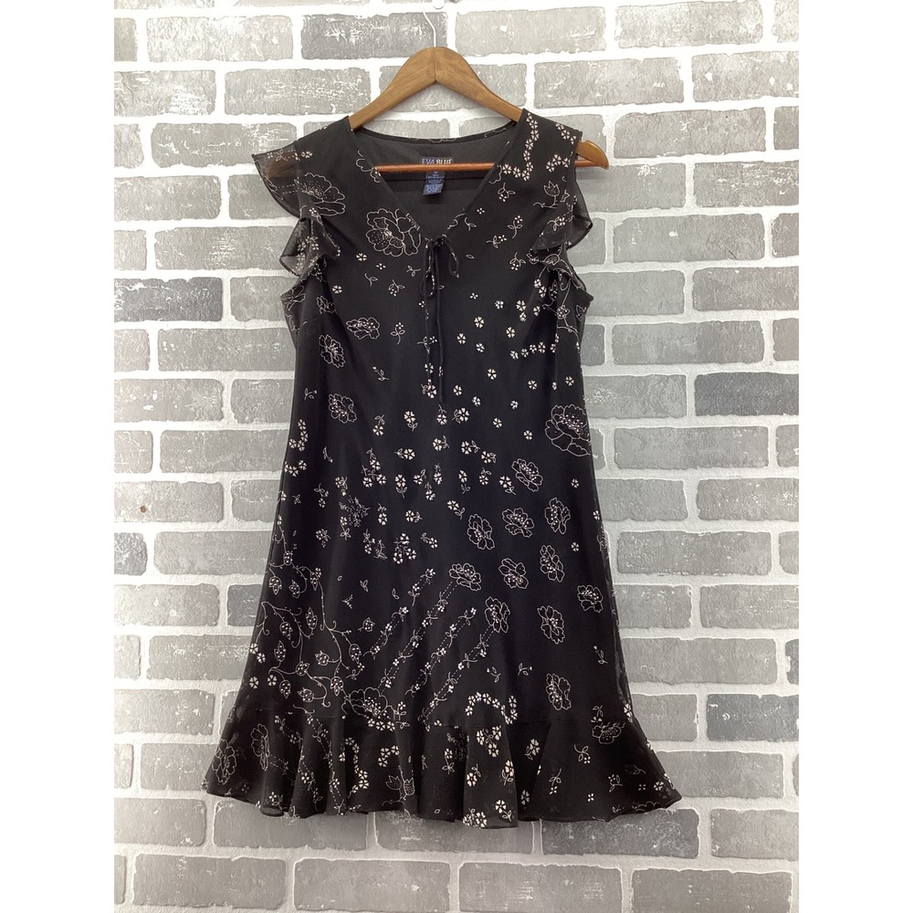 Eva Blue Petite Black Floral Beaded Ruffle Hem Shift Dress Size 10P V-Neck